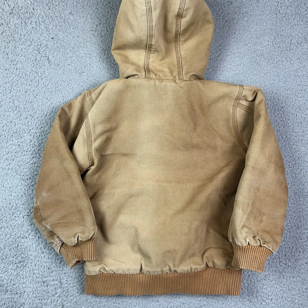 Carhartt Canvas Quilted Lined Jacket Tan Brown‎ Distressed Kids Youth Size 7